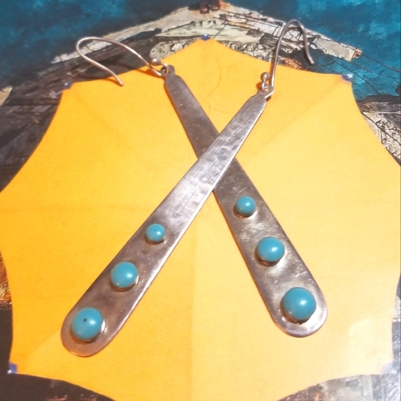 LONG Designer signed Vintage Sterling Turquoise Earrings - Picture 6 of 6